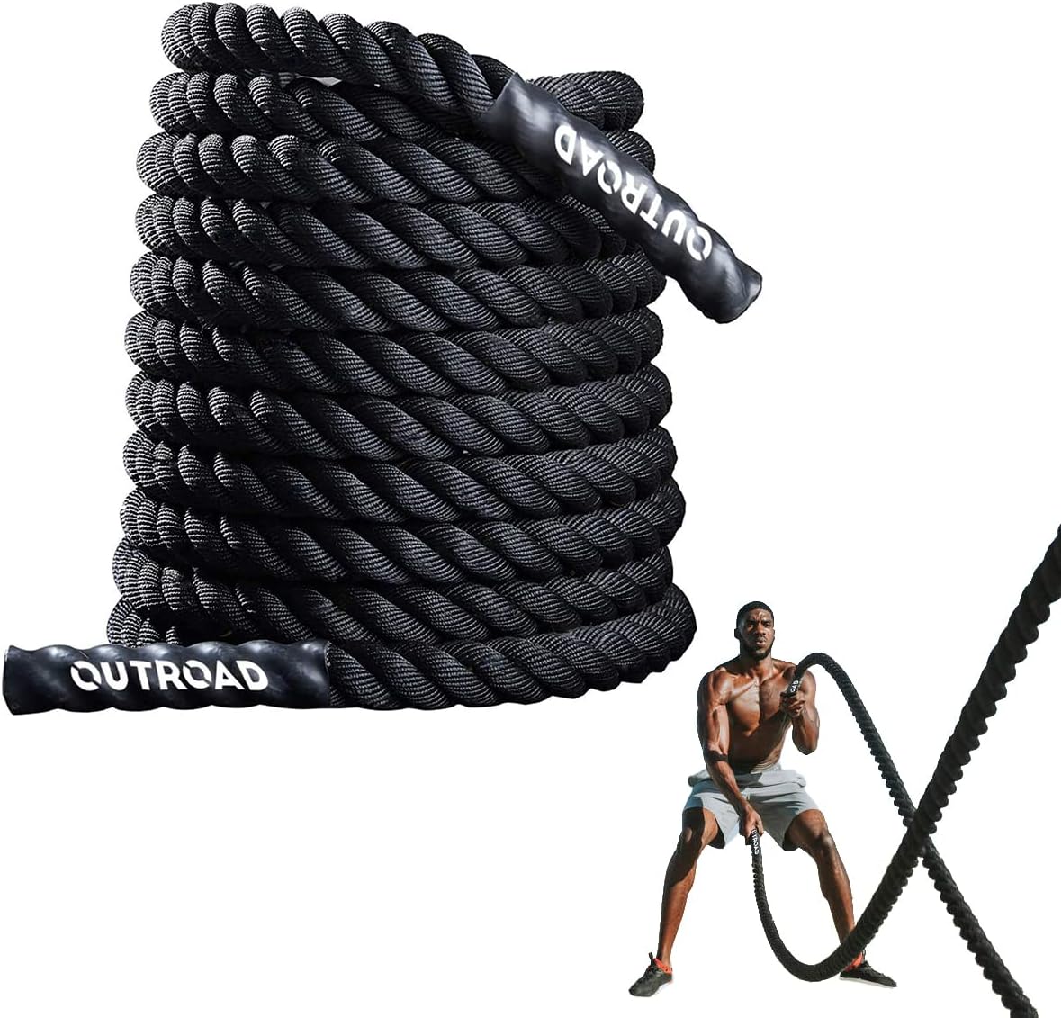 Battle Rope, 1.5" Diameter 30ft Poly Dacron Workout Exercise Training Heavy Rope, Workout Equipment for Crossfit Training Home Gym & Fitness Exercises, Black and Pattern