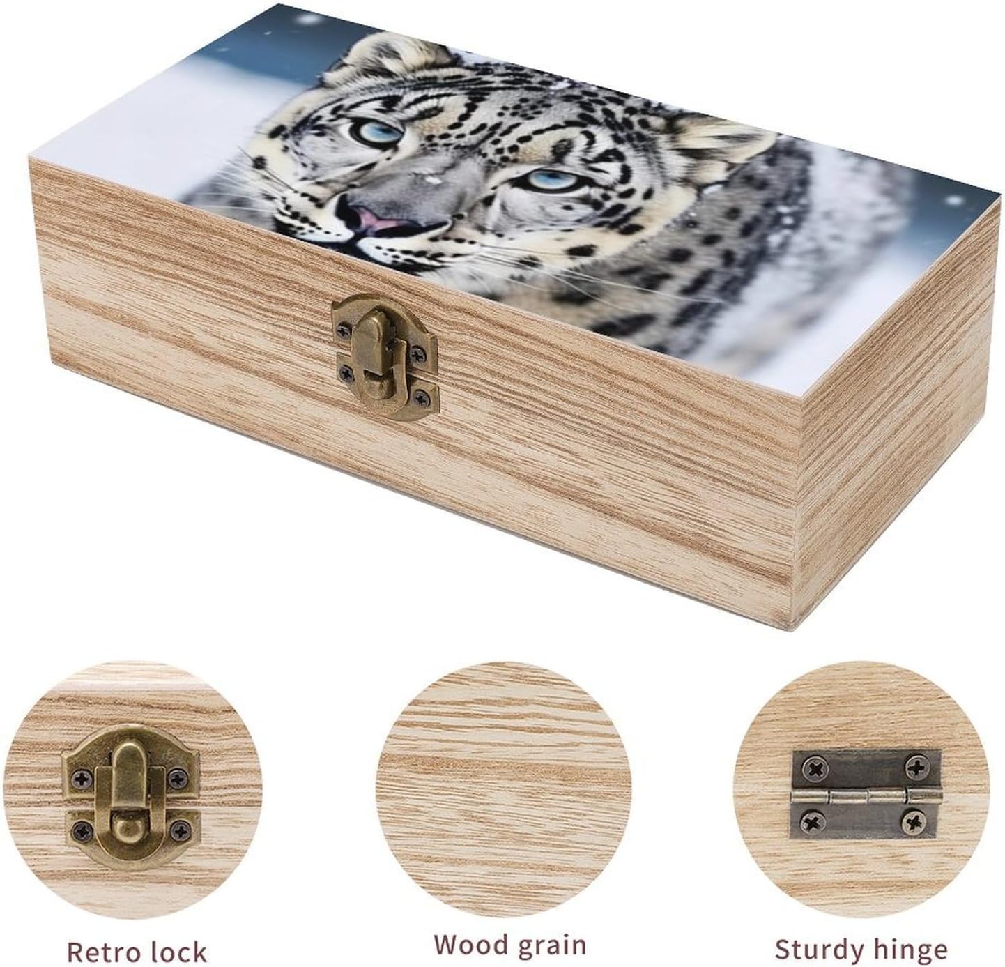 Blue Eyed Snow Leopard Wooden Box with Hinged Lid, Large Photo Storage Box for Women Men, Keepsake Treasure Chest Boxes, Jewelry Organiser Case, Memory Case, 7.9'' X 3.9'' X2.3''