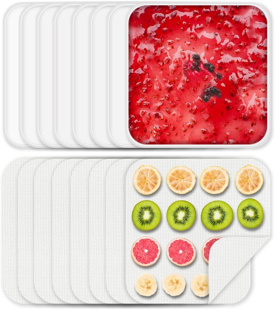 8 Pcs Silicone Food Dehydrator-Trays with Edge, 8 Pcs Mesh Dryer Mats,Reusable Non Stick Silicone Dehydrator Sheets (11x 11in) for Liquids,Fruit Leather,Herbs,Meat and Yogurt