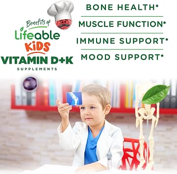 Lifeable Kids Vitamin D3 K2 Gummies | 500iu D3 and K2 100mcg | Great Tasting D3 and K2 Supplements | for Bone Health and Immunity | VIT D3 K2 for Kids | 60 Gummies