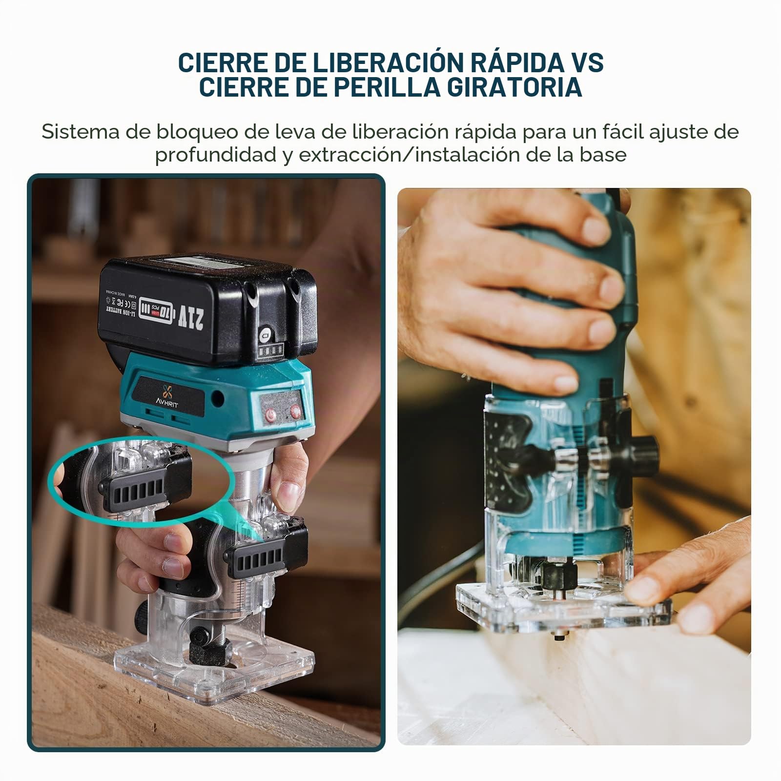 Fresadora Inalámbrica para Madera 21V, Fresadora de Madera Compacta con 2 Baterías 4.0Ah, 6 Velocidades, 33.000RPM, 15 Mandriles Collets 1/4" resadora Madera para carpintería