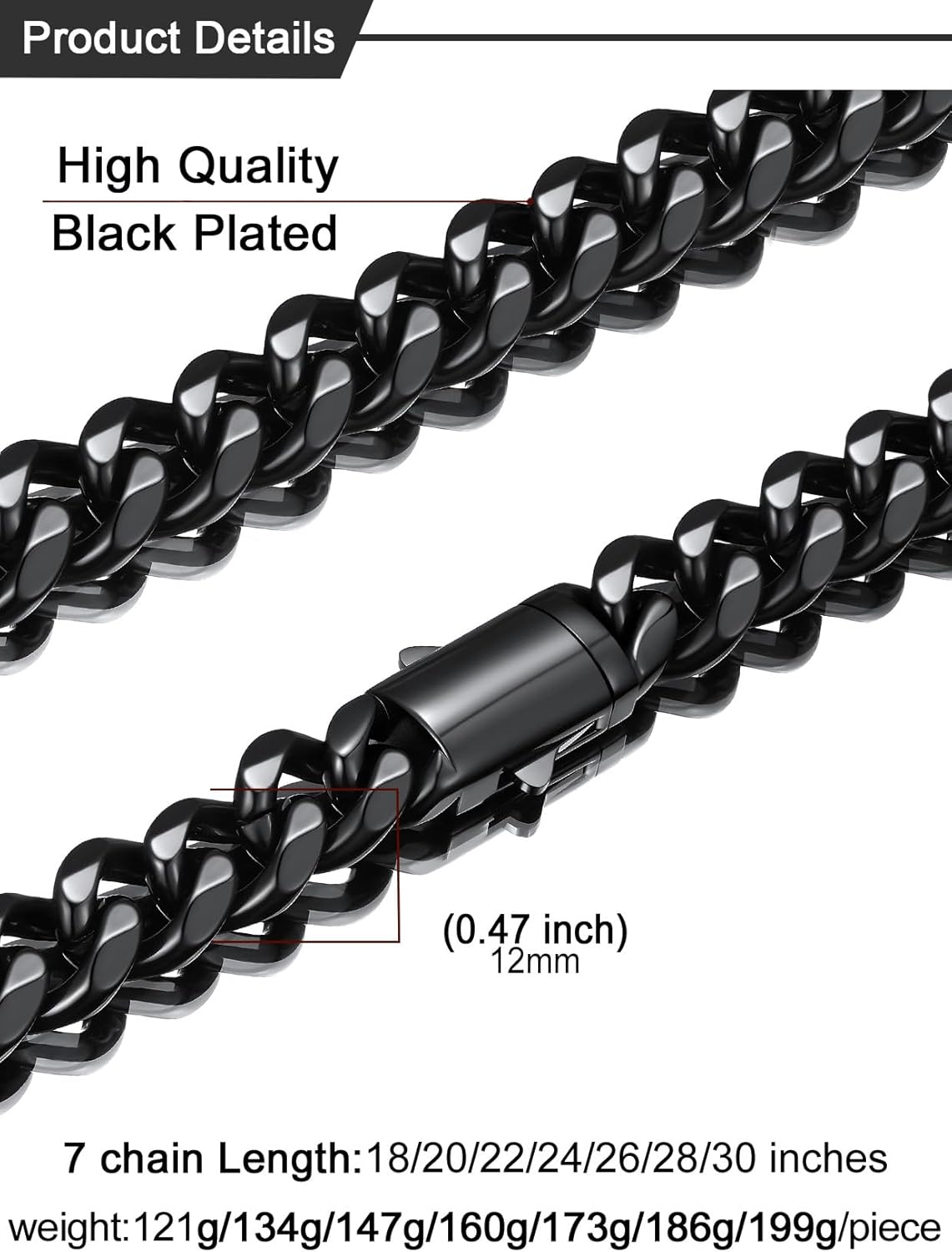 U7 Cuban Link Chain Necklace for Men, Stainless Steel/Black/Gold Mens Necklaces, Chunky Curb Chain Necklace in 6/9/12mm Width 18-30 Inches, Thick Choker Jewelry with Box Packed - Image 4