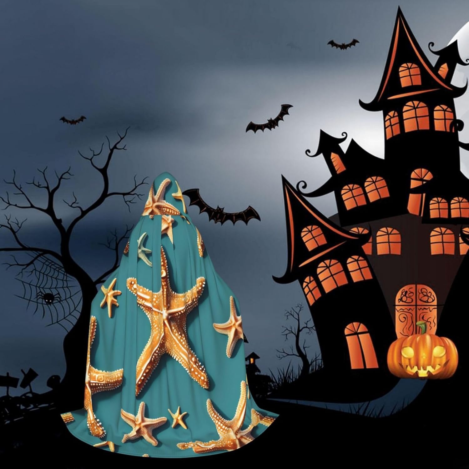 ビーチ ヒトデ プリント ハロウィン フード付きケープ コスプレ ケープ &amp; 魔女 マント - ユニ ハロウィン フード付き