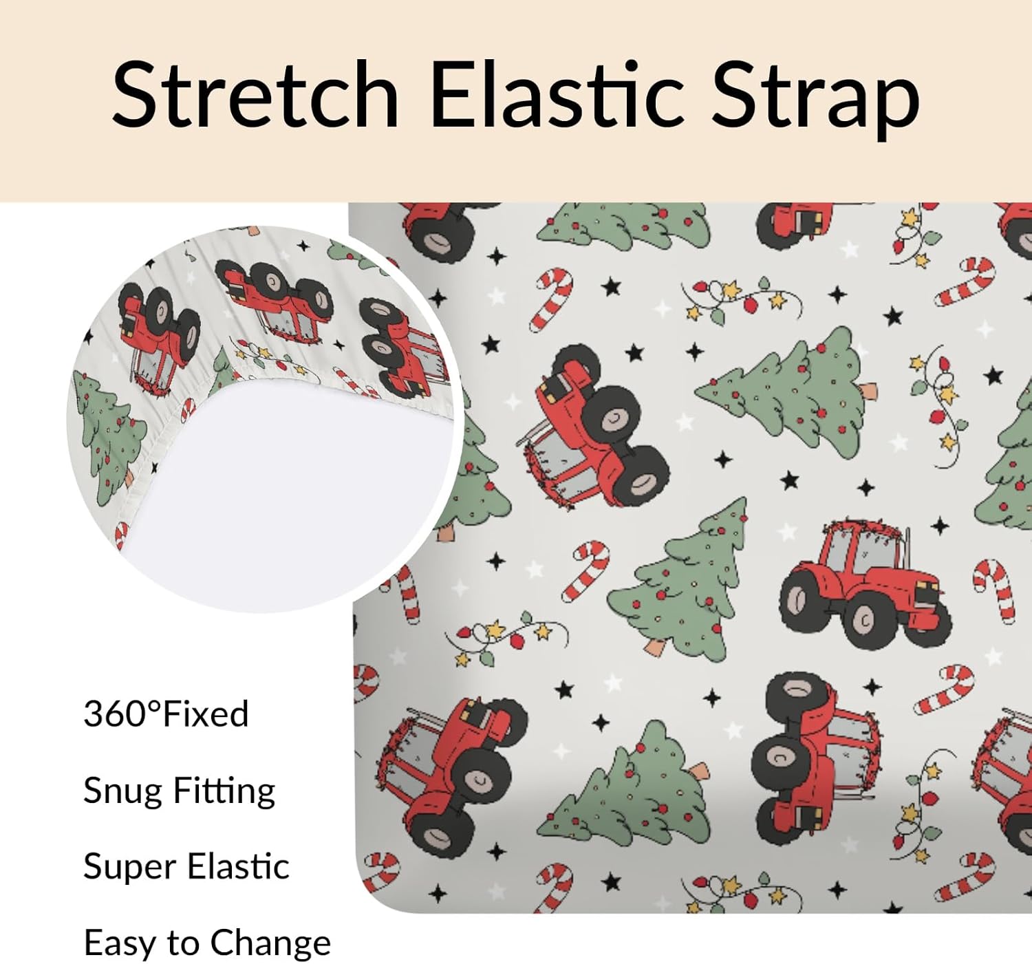 Red Tractor Christmas Trees Baby Crib Sheets Winter Farm Truck Pine Tree Candy Lights Baby Sheets Festive Holiday Fitted Crib Mattress Cover for Standard Crib and Toddler Mattresses 28x52in