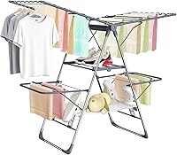 Vista 1 de Tendedero de Ropa Plegable de 2 Niveles para Secar Ropa, Tendedero de Acero Inoxidable Plegable para Interiores y Exteriores, con Alas de Altura