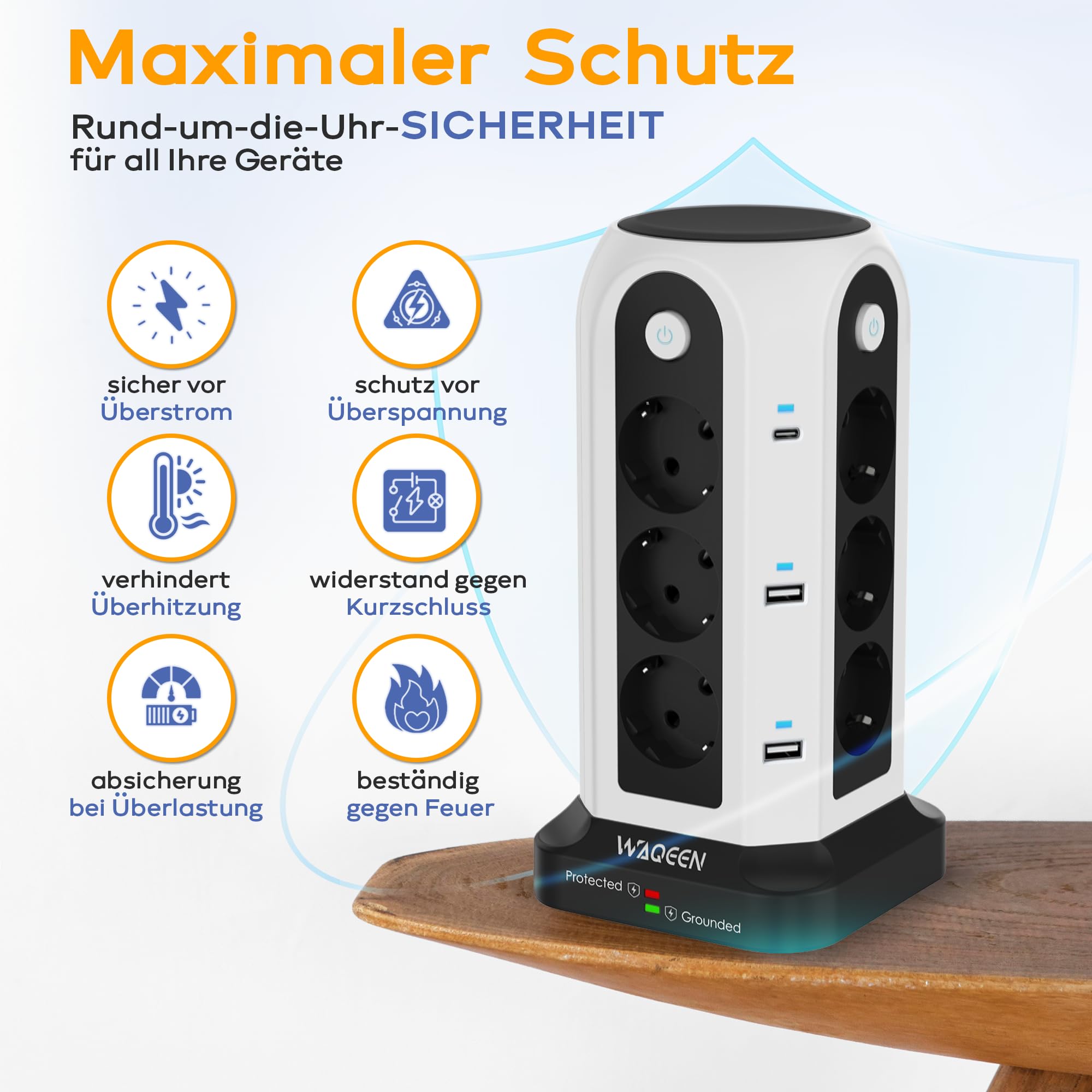 Steckdosenturm mit USB C & A, Überspannungsschutz, Mehrfachsteckdose | 12 AC Steckdosen, 2 USB-C & 4 USB-A, 4 Schalter, 2 m Kabel, feuerfestes Material, ideal für Büro, Küche & Zuhause