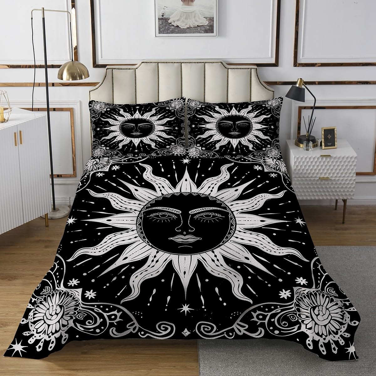 jejeloiu Boys Girls Sun Moon Quilted Coverlet Queen Size, Galaxy Coverlet Set Cosmic Celestial Bedspread Kids Teens Bedroom Decor 3Pcs