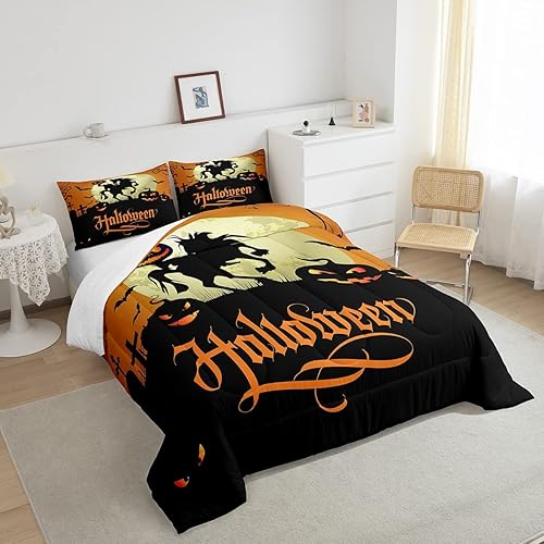 Miniatura 4 de Erosebridal Juego de ropa de cama con temática de Halloween, tamaño King, Kawaii, calabaza, murciélagos, juegos de ropa de cama con estampado de