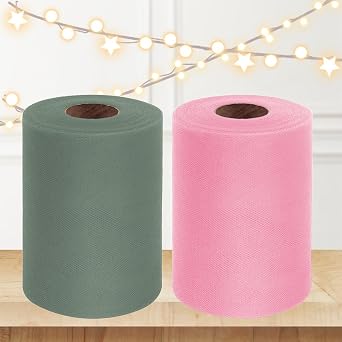 2PCS 6" x 100 Yards Tulle Fabric Roll Bundle Sage Green & Pink
