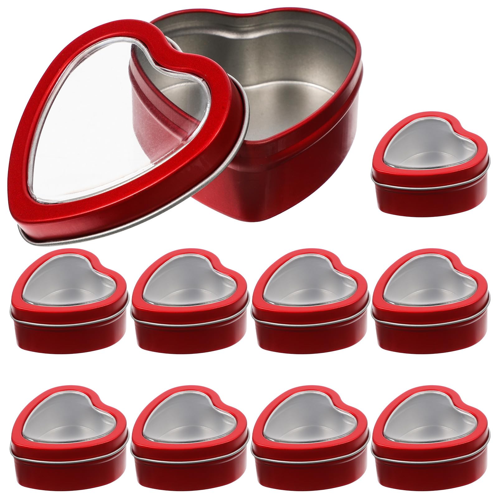 VILLCASE Heart Shaped Metal Tins, 10 Pack Empty Candle Jars Cans with Clear Window Lids, Party Favors Storage Box Container for Candle Making, Candies, Treasures