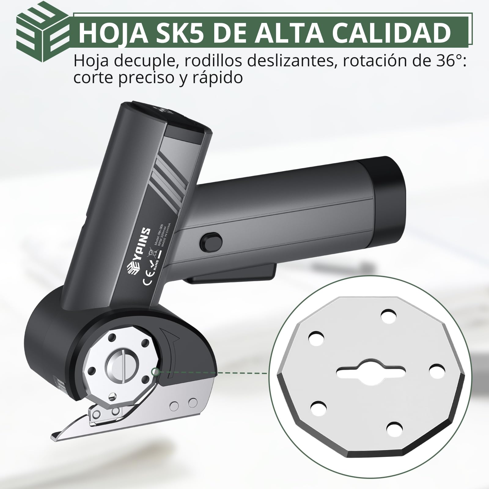 EYPINS Tijeras Eléctricas Inalámbricas con 4 Velocidades (120-320 rpm), Cortador Electrica con Pantalla LCD+Luz LED, Hoja SK5, Carga USB-C, Bolsa de Almacenamiento,para Tela Cuero Alfombra Cartón