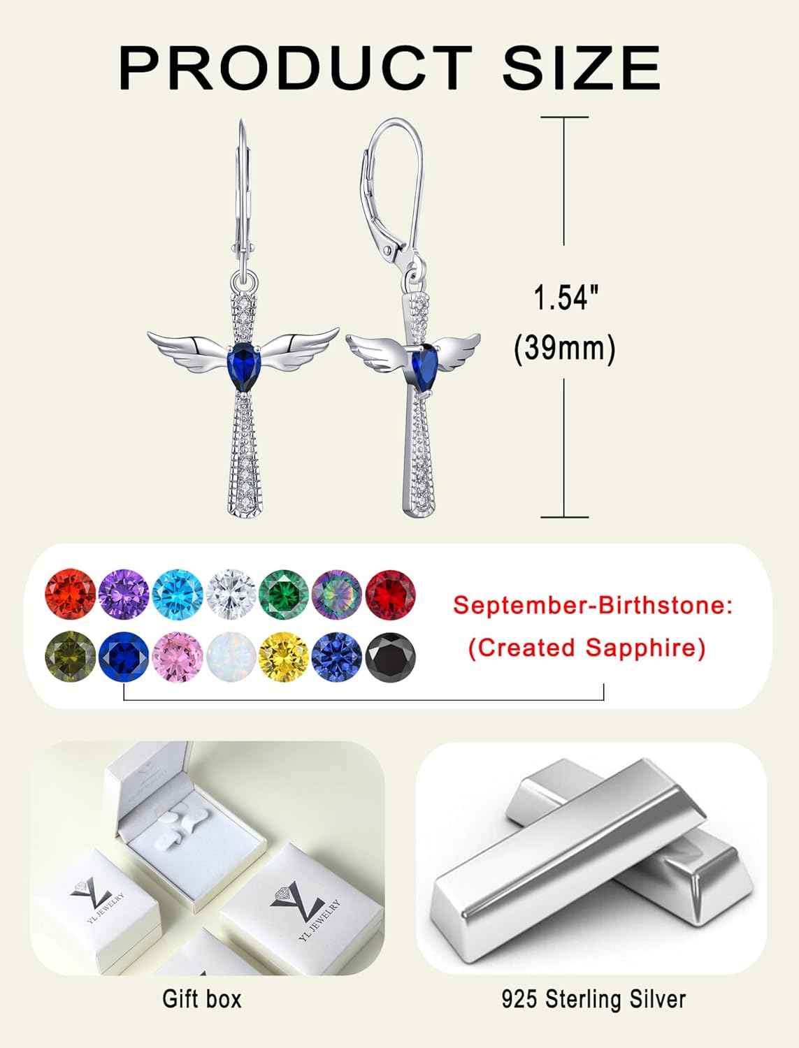 YL 925 Sterling Silver Cross Dangle Drop Earrings Pear Cut Birthstone Angel Wings Leverback Earrings for Women - Image 6
