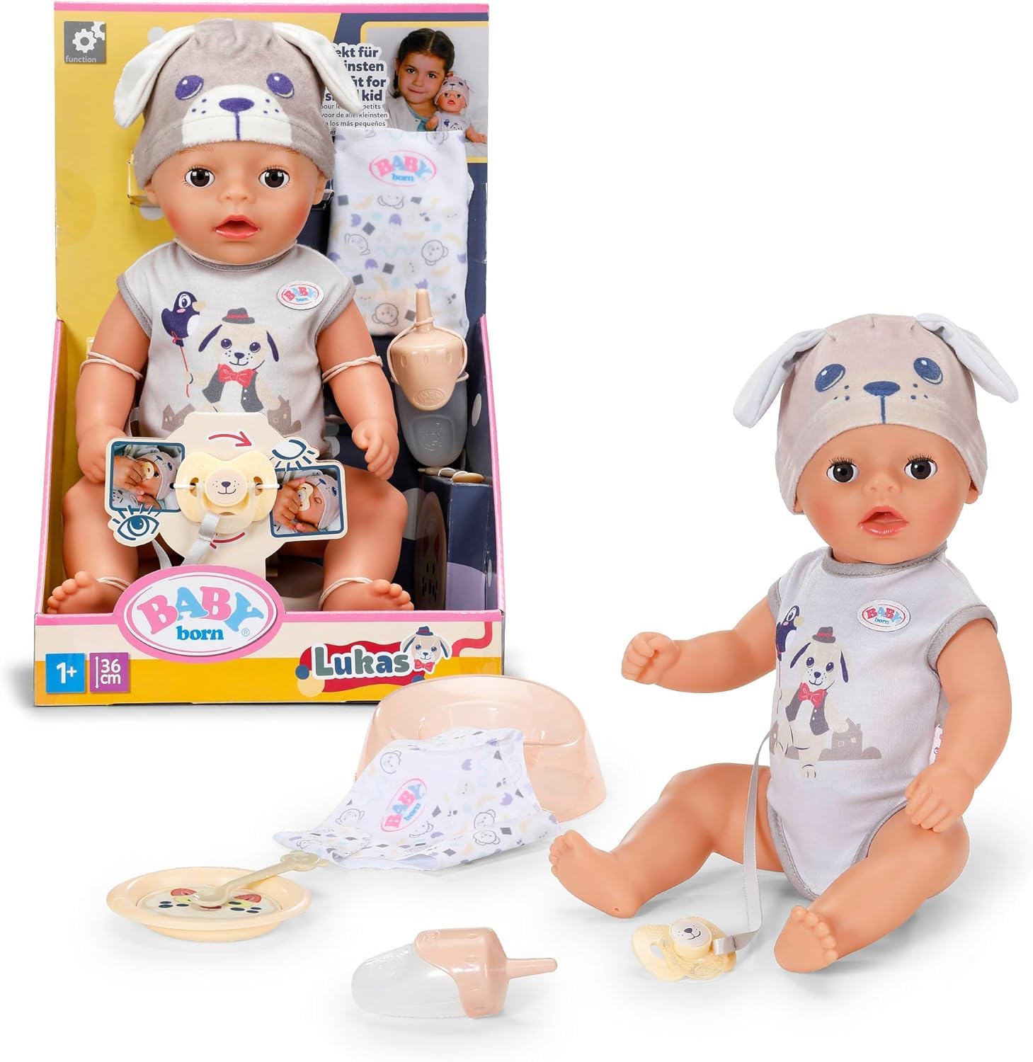 Baby Born Lukas śpioszki z motywem psa, 36 cm duża lalka z 7 funkcjami, dla dzieci od 1 roku życia
