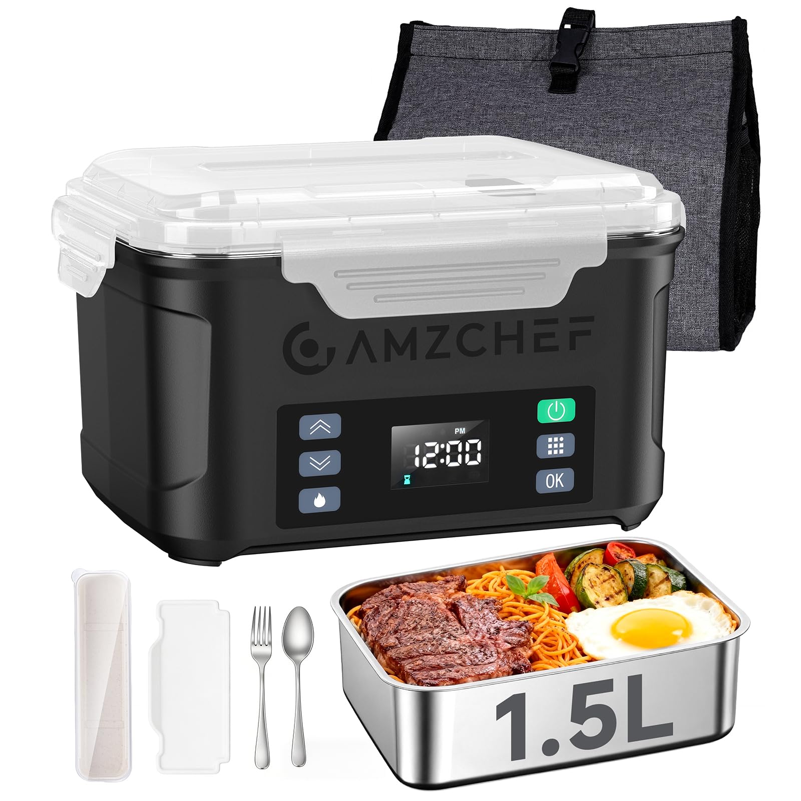 AMZCHEF Gamelle chauffante 1,5 L - lunch box chauffante Électrique 27000mAh, chauffage sur 5 faces, fonction de réchauffage instantané, avec horloge et mémoire, recharge rapide en 3,5 heures(noir)