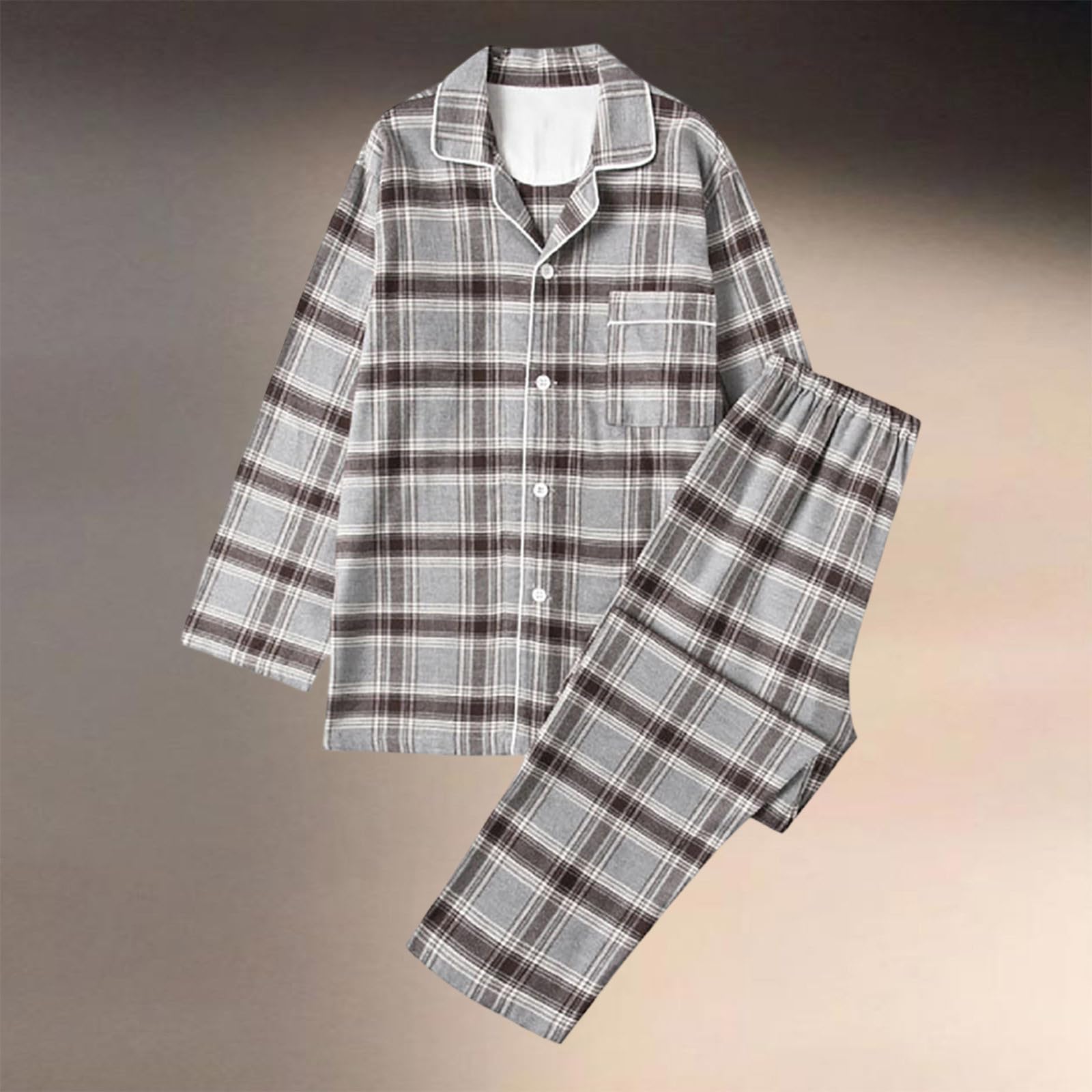 Conjunto de Pijama de otoño e Invierno para Hombre, Estampado de Cuadros, Camiseta y pantalón Manga Larga con Cuello, Ropa de casa acogedora_1