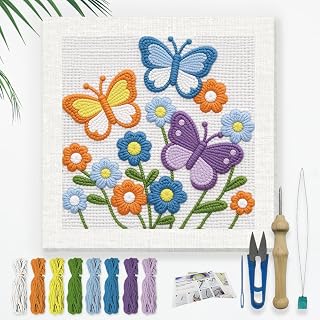 DOODLREAM Garden Butterfly Needle Kit for Beginner, 9.4"x 9.4" Spring Flower Punch Stitching Craft Set, Color DIY Embroidery Starter with Printed Frame, Instruction, Threader, Yarn, Pinch Needle
