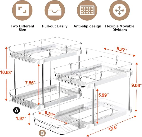 Delamu Delamu 2-Tier Multi-Purpose Bathroom Under Sink Organizers and Storage, Stackable Kitchen Pantry Organization, Pull Out Medicine Cabinet Organizer with Movable Dividers, White, 2 Pack in use