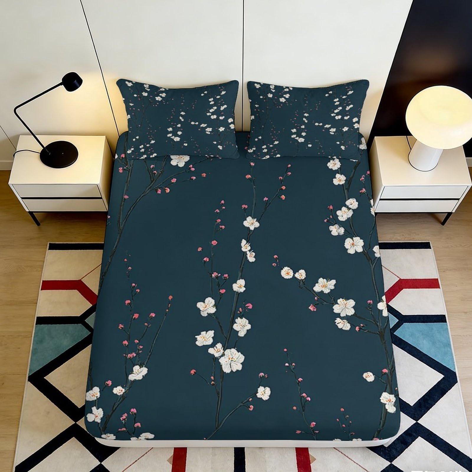 3D Printed Cherry Blossom Fitted Sheet Microfiber Soft Breathable Plum Blossom Mattress Cover for Bedroom Dormitory Guest Room Mattress Protection Decor 140x200x25cm