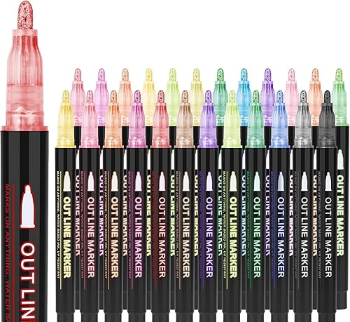 Marcadores de contorno de doble línea, juego de 24 colores Super Squiggles Shimmer Outline Rotuladores metálicos con purpurina para tarjetas de