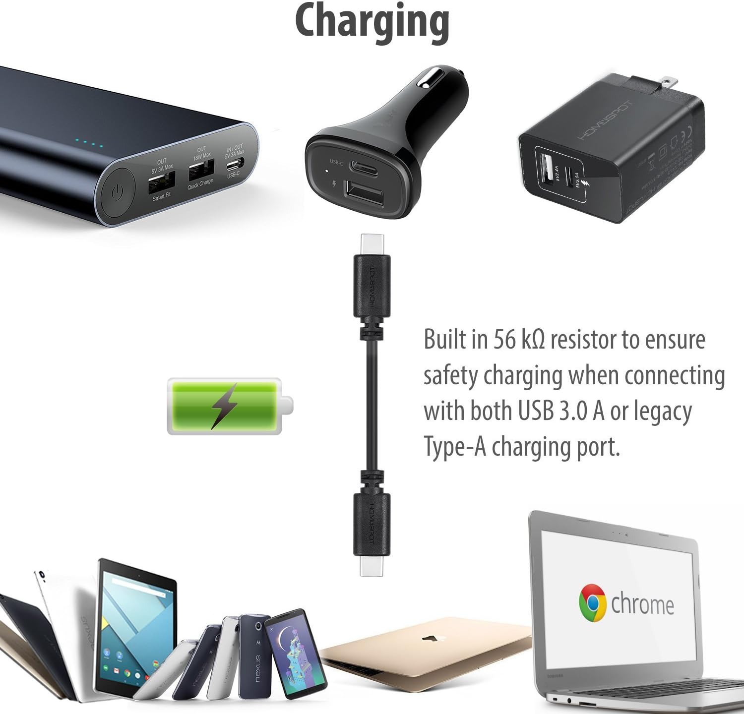 HomeSpot 9" (23cm) USB 3.1 Short Type C Cable, C to C Reversible Hi-Speed for Apple New MacBook, MacBook Air 2018, Chromebook Pixel, Nexus 6P and More (1 Pack - Black)