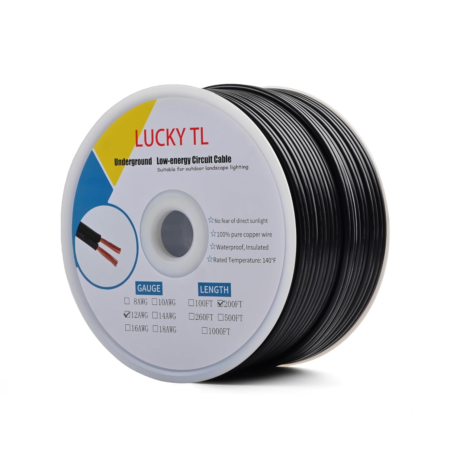 LUCKY TL 12/2 Low Voltage Landscape Wire 200 Feet, 12 Gauge 2 Conductor, Outdoor Waterproof, Direct Buried Landscape Lighting Wire, Pure Copper Making (200FT)