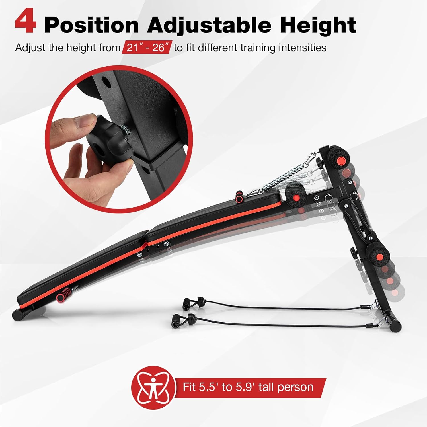 KOTEK Sit Up Bench, Foldable & Adjustable Ab Workout Equipment with 2 Elastic Ropes & Handle, 300 Lbs Weight Capacity, Decline Bench for Abs, Crunch, Strength Training Exercise for Home Gym
