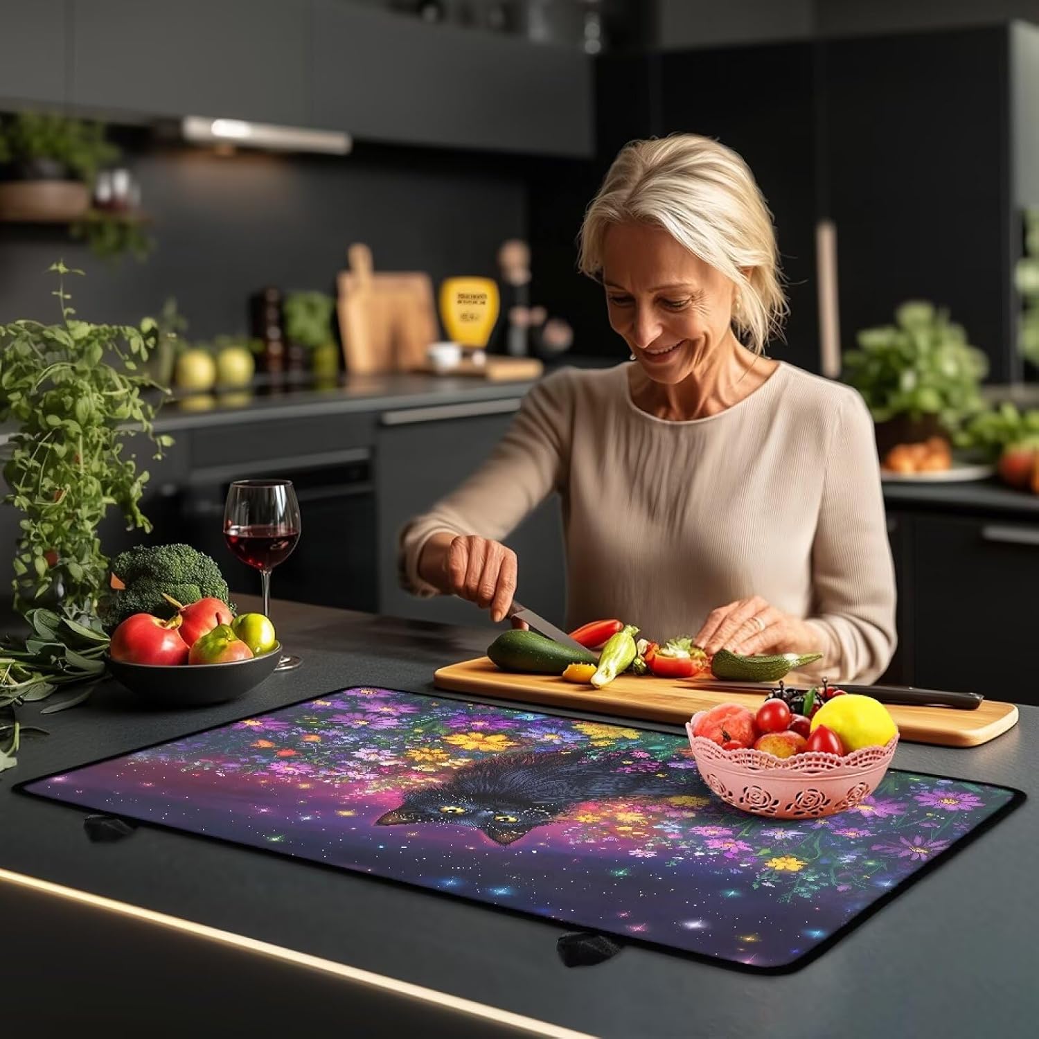 Cat Colorful Daisy Pattern Electric Stove Top Cover Starry Night Print Multipurpose Stove Cover Foldable Non-Slip Mat for Glass Stove Top Protector Heat Resistant Cooktop Mat for Kitchen