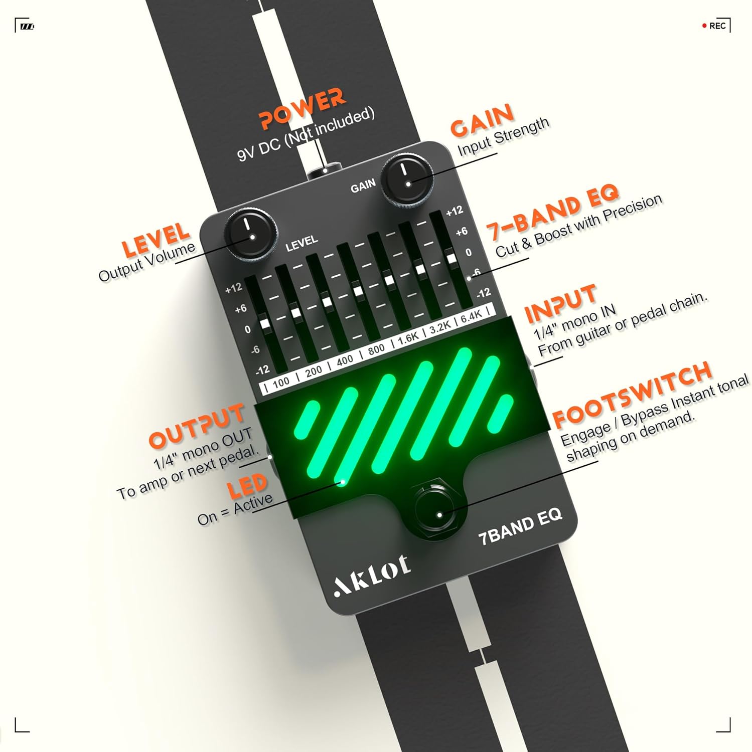 AKLOT 7-Band Equalizer Guitar Pedal: Precise Frequency Shaping, (100Hz 200Hz 400Hz 800Hz 1.6kHz 3.2kHz), Compact Mini Electric EQ Guitar Pedal with True Bypass, NEON Spectrum