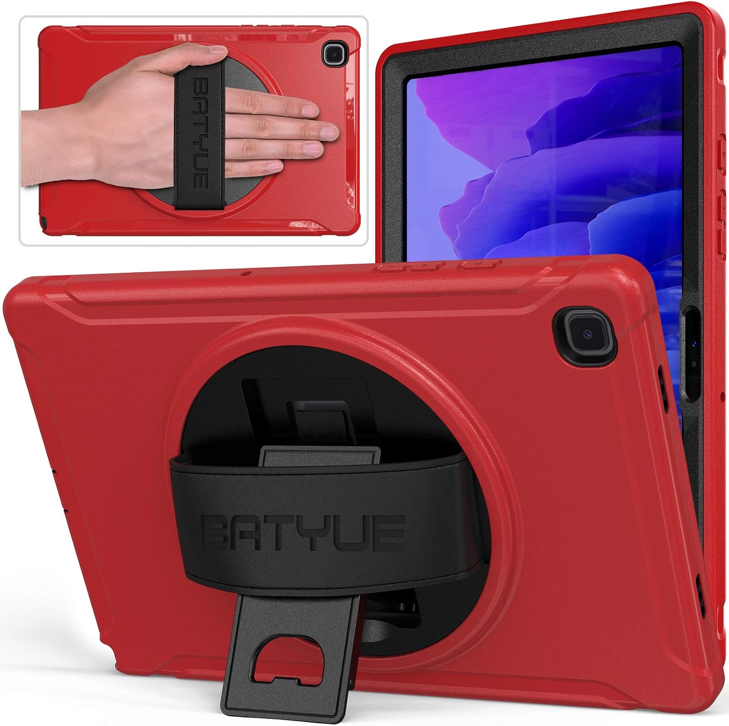 BATYUE Case for Samsung Galaxy Tab A7 10.4 2020, Heavy Duty Rugged Shockproof Protective Case with Hand Strap+Rotating Kickstand for Galaxy Tab A7 10.4 Inch SM-T500/T505/T507 (Red)