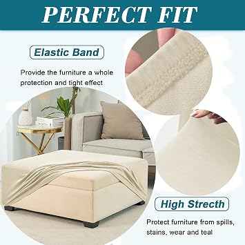 HFCNMY Ottoman Cover Square, Stretch Polyester blend Thick Ottoman Slipcover Square Washable Storage Ottoman Cover Foot Stool Cover with Elastic Bottom for Living Room Beige Medium