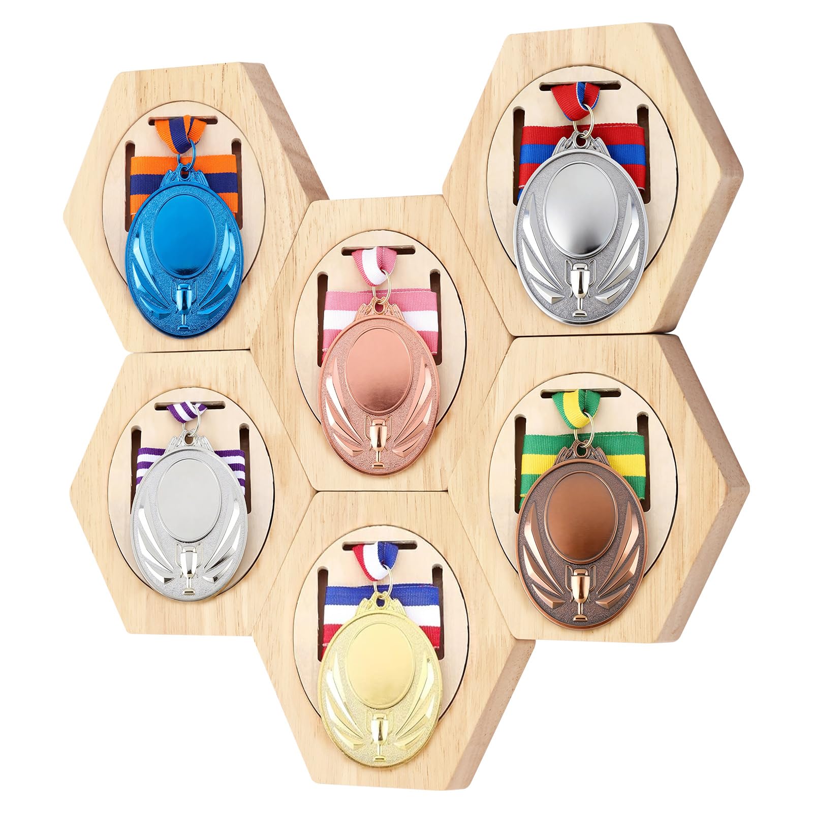 GUIJZSLTRG 6Pcs Wooden Medal Display Stand, Hexagon Honeycomb Medal Storage Case, Wall Mount Award Holder Hanger Rack for All Sports, Running, Marathon, Football Medals Showcase