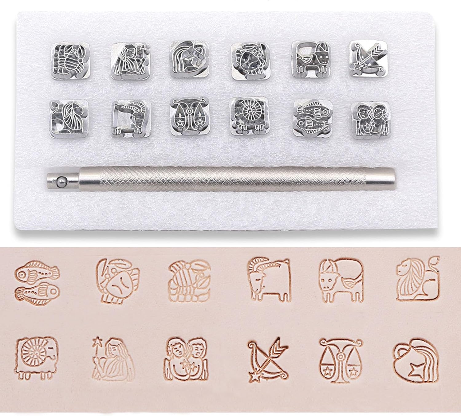 12Pcs Astrological Leather Stamping Tools, Fyrcomft Star Sign Leather Stamping kit for DIY Craft Belts Wallets(12 Patterns+1 Handle)