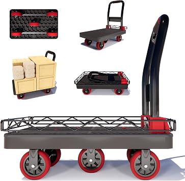 2IN1 Heavy Duty Platform Trucks Flatbed Carts, 4226In 2000lbs Capacity Push Cart Dolly Hand Trucks w/Detachable Solid Steel Wire Fence, Collapsible Cage Cart Dolly, 5-Inch Silent TPR Wheels