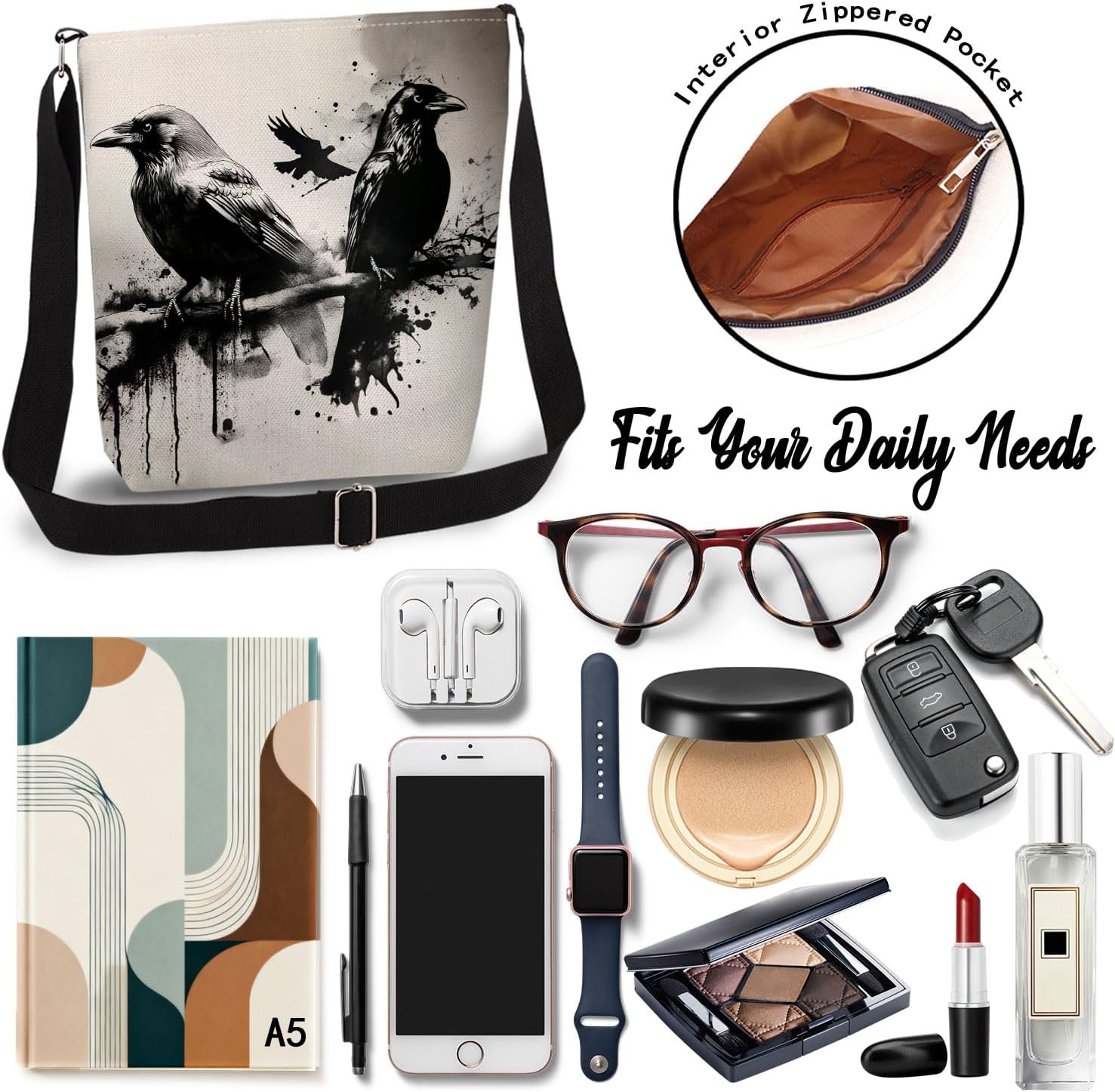 Ink Crow Print Canvas Crossbody Bag, Adjustable Strap Lightweight Purse with Top Zipper & Inner Pocket, Daily Shoulder Bag Gift for Women -5 - Image 6