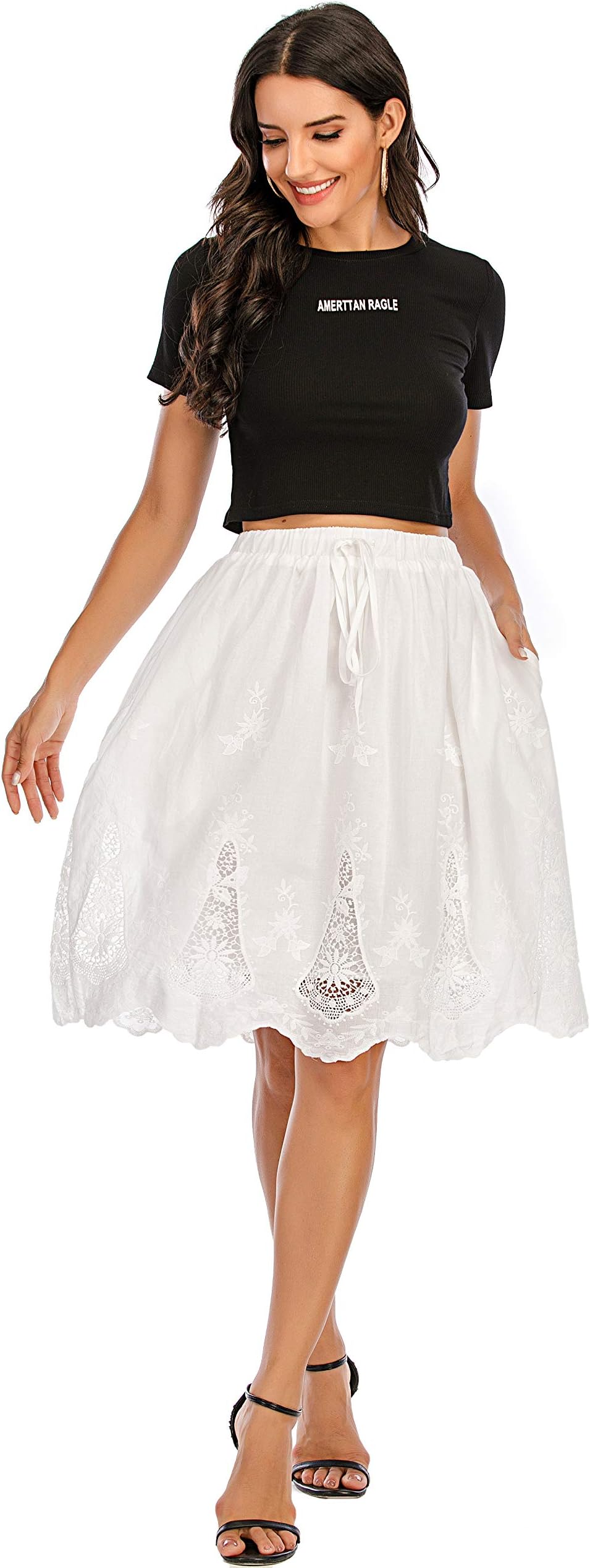 Love Welove FashionWomen's Summer Cotton A-line Flared Embroidered Knee Length with Lining Knee Length Skirt