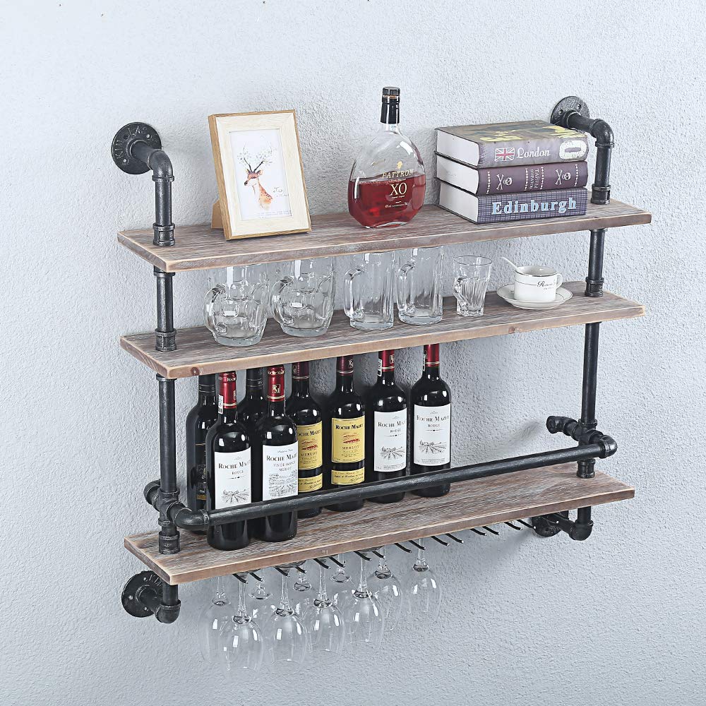 Buy Industrial Pipe Shelf Wine Rack Wall Mounted with 9 Stem Glass