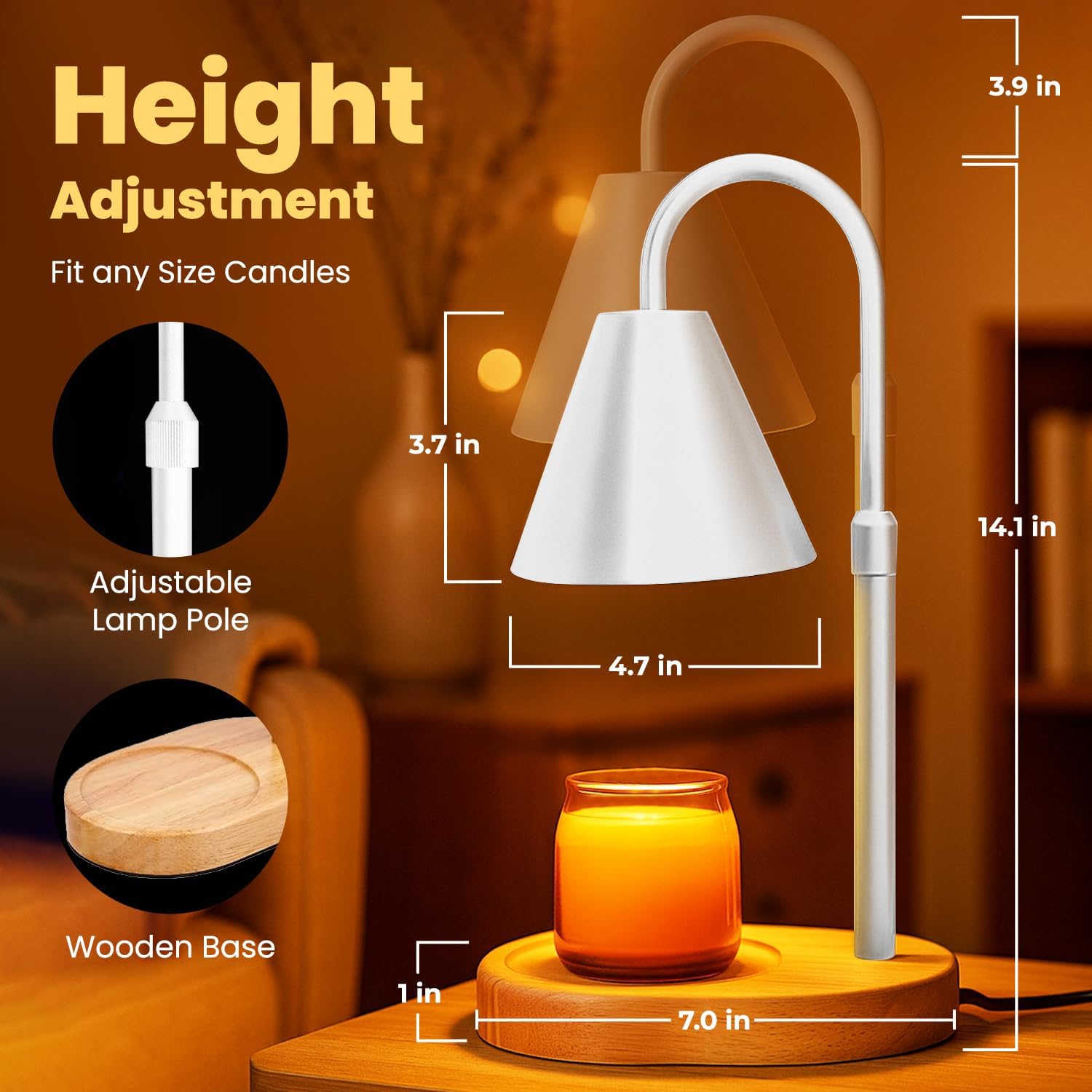 Lavalay Candle Warmer Lamp – App-Controlled Dimmable Warmer Light with Timer & Adjustable Height – Modern Flameless Silver Candle Melter lamp with Wood Base for Jar Candles– Gift for Mom & Women