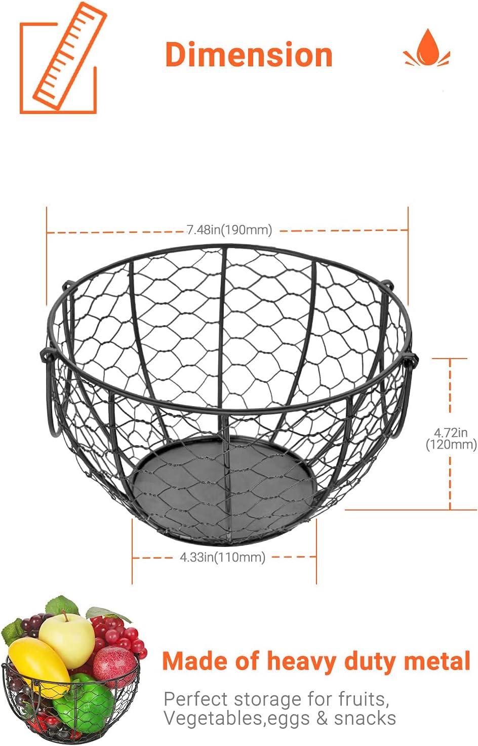 Round Wire Basket Black Fruit Basket Bowl Fruit Holder for Kitchen with Handle Black Home Storage for Vegetables, Snacks, Household Items Decor - Image 6