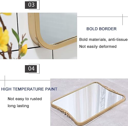 Miniatura 3 de URINGO Espejo de pared contemporáneo con marco de hierro metálico, panel de vidrio enmarcado negro, diseño de esquina redondeada profunda,