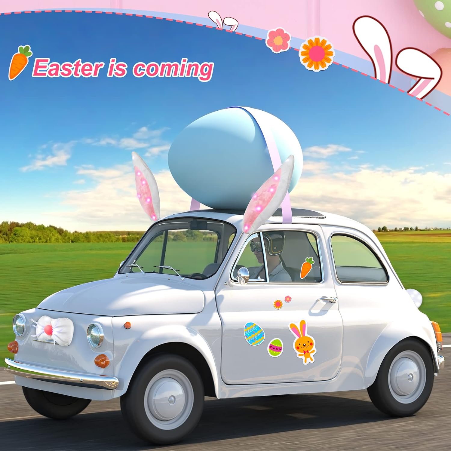 Frienda 4 Pieces Easter Car Rabbit Bunny Ears Decorations with LED Lights and 4 Sheets Rabbit Happy Easter Electrostatic Sticker for Auto Easter Party Decorations (Lovely Style)