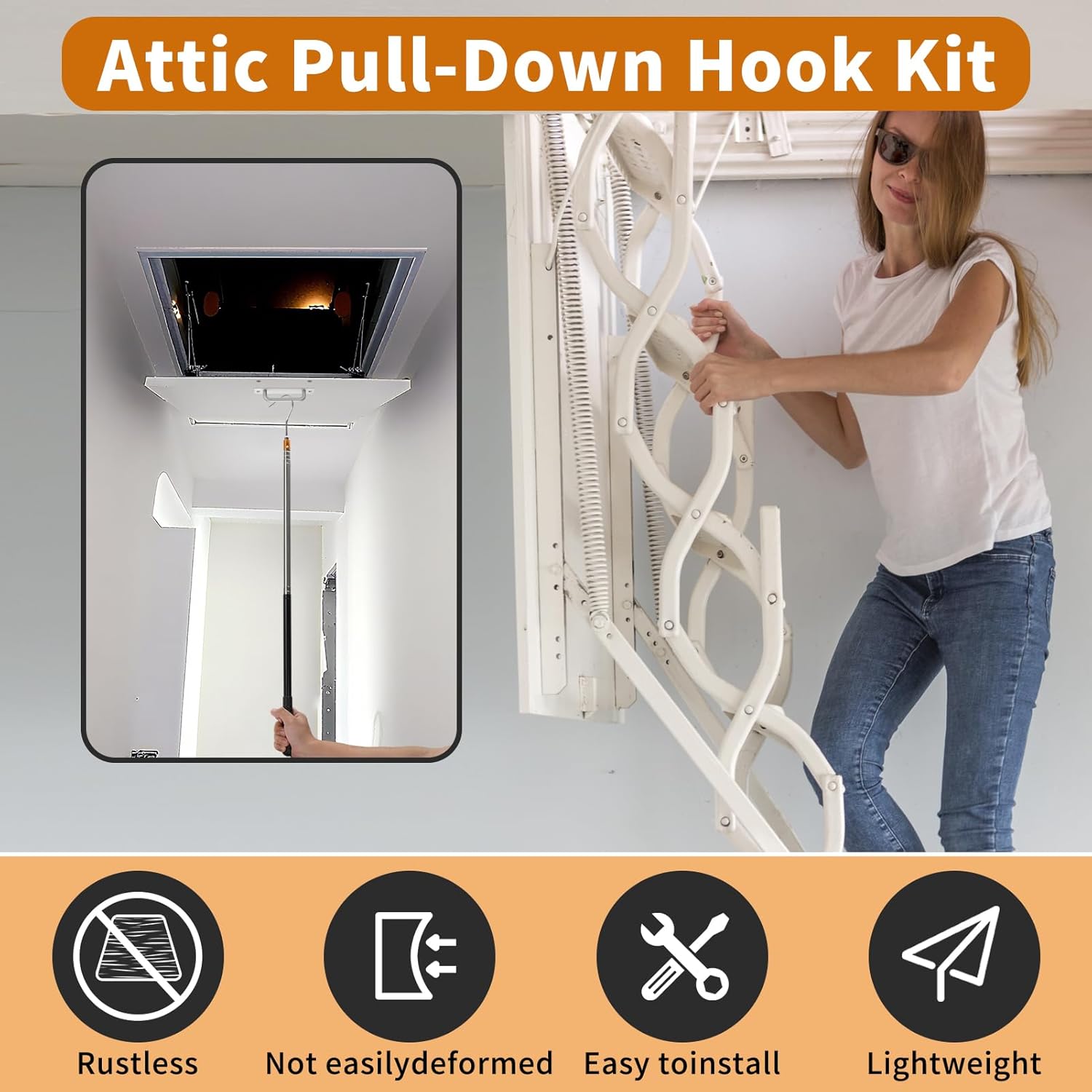 Attic Pull-Down Hook Kit with Adjustable Telescopic Rod and Ladder Door Handle, Replaces Attic Pull-Down Cord and Attic Ladder Pull Cord for Easy Replacement