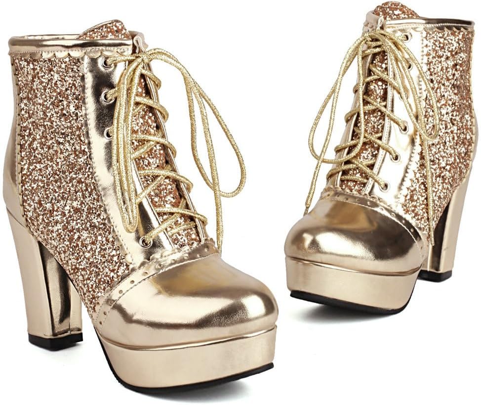 KOKOMOMO Sparkly Platform Ankle Boots Short Sequin Glitter Combat Boots Chunky Heeled Lace Up Booties - Image 2