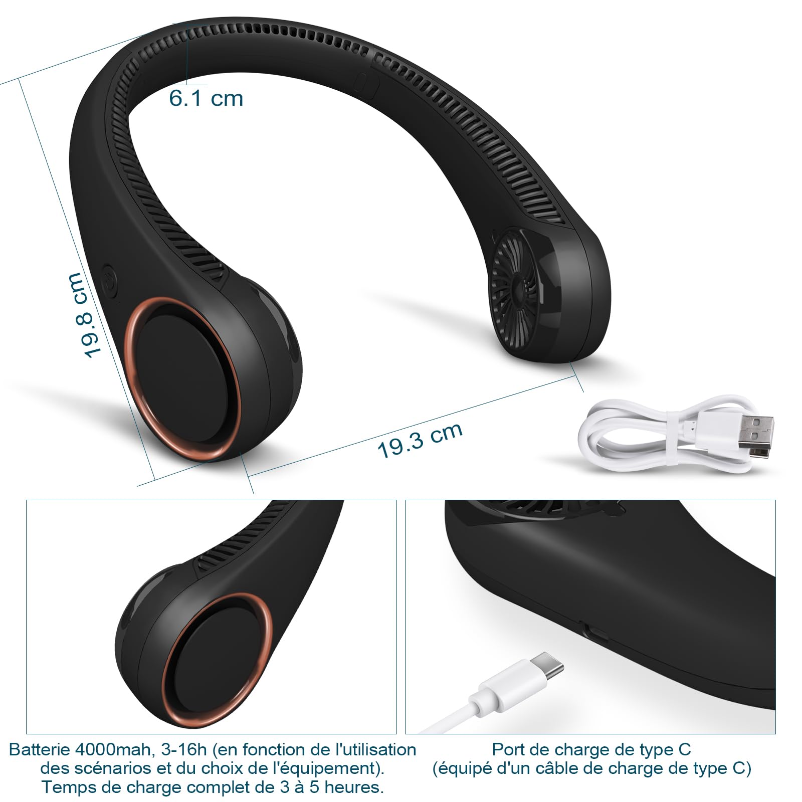 CIVPOWER Ventilateur de cou : ventilateur de cou portable rechargeable sans pales – mains libres 3 vitesses 4000 mAh batterie USB conception casque portable – pour homme femme extérieur intérieur