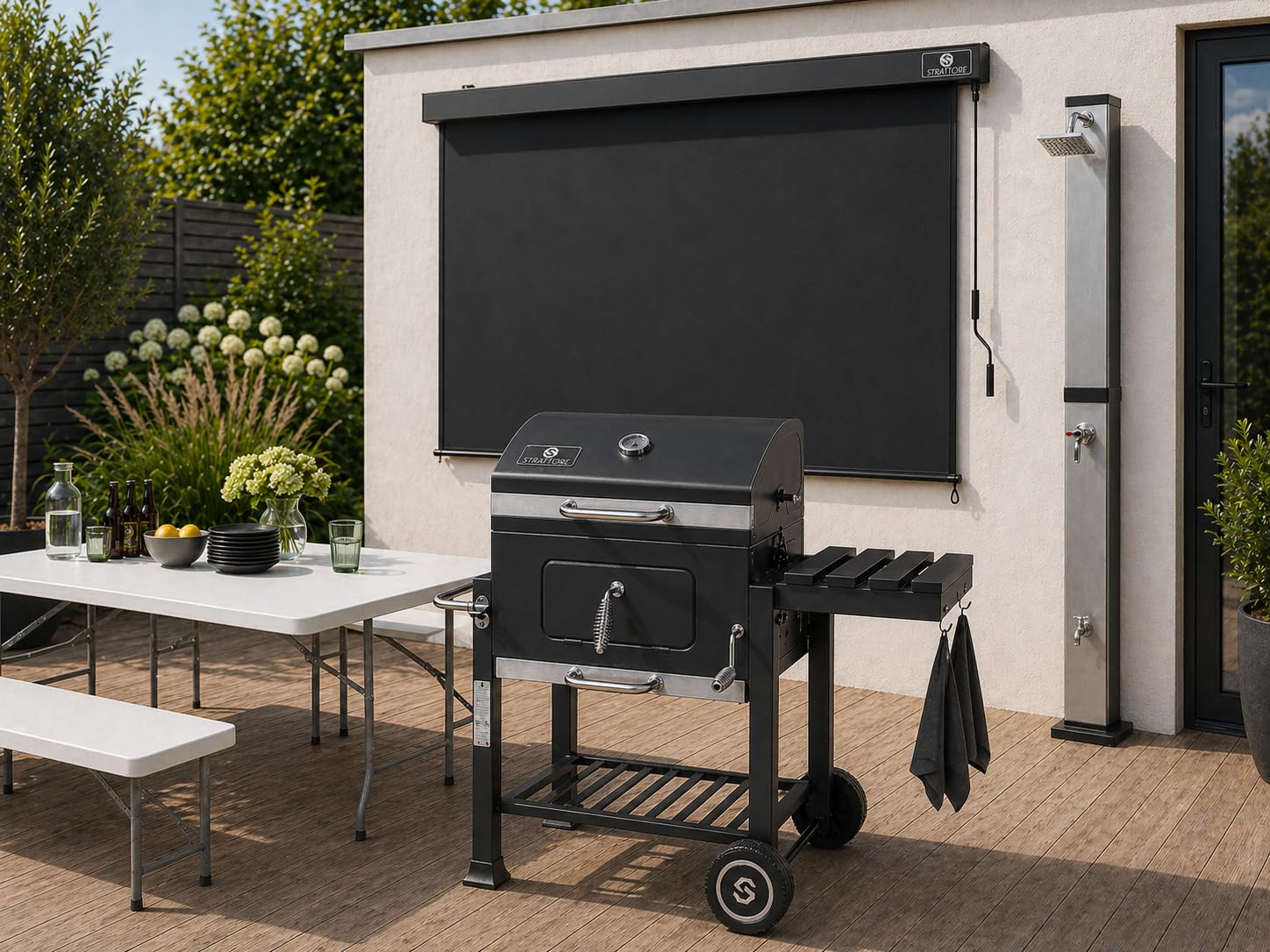 Holzkohlegrill XL BBQ Grillwagen Verstellbarer Standgrill mit Deckel Quadratischer Barbecue Gartengrill aus Eisen - Garten Camping Terrasse - Grillrost und Thermometer Holzkohle Grill