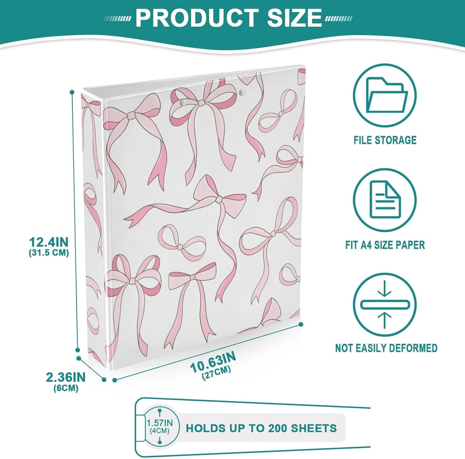 Pink Ribbon Bows Love 1.5 Inch Binders 3 Ring for Letter Size Holds 200 Sheets Notebook Binder with Clipboard for Women or Men
