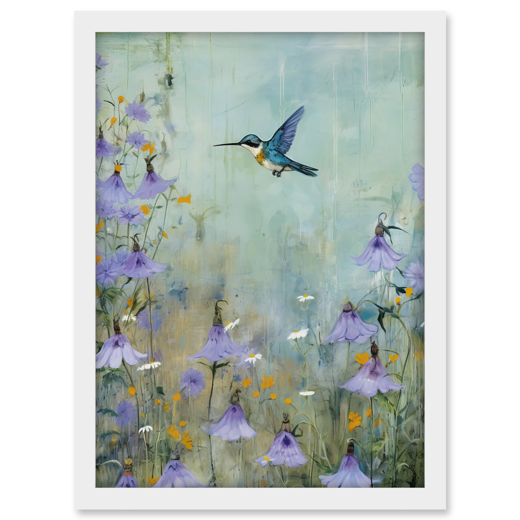 Artery8 Bluebell Hummingbird Pastel Painting Nectar Flowers Field Oil Painting Colour Artwork Framed A3 Wall Art Print