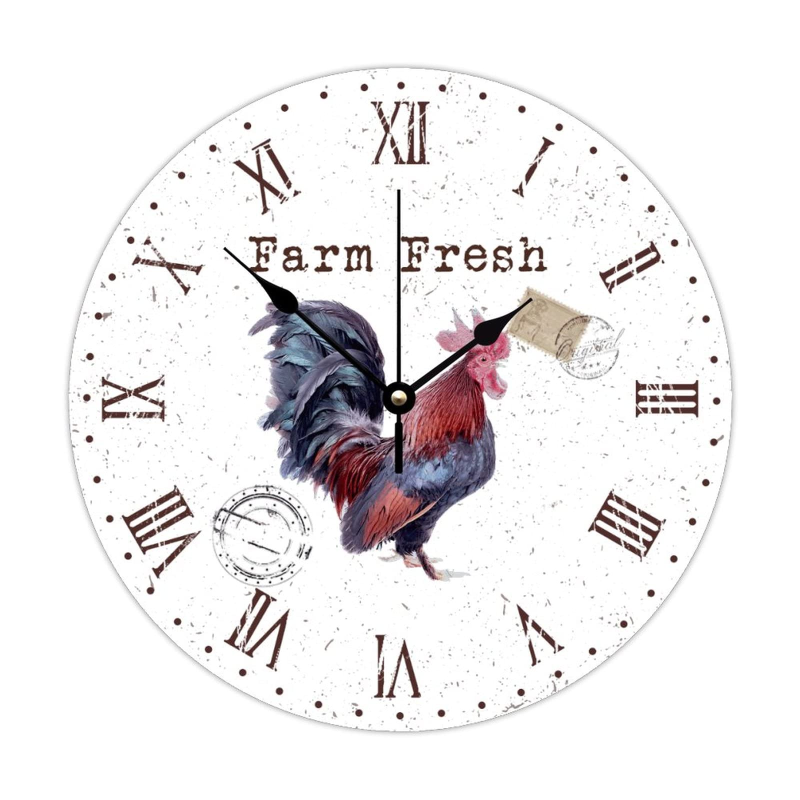 Horloge murale en bois coq et oiseaux rustiques de 38 cm pour decoration de cuisine