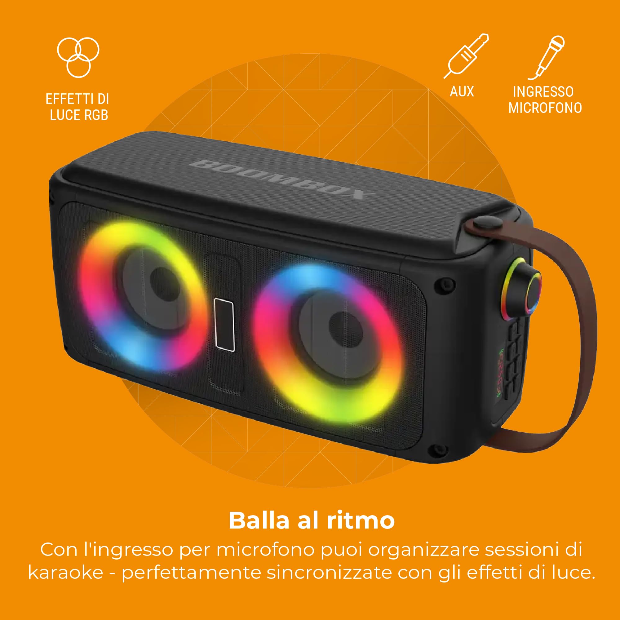 Denver BTV-230 – Cassa Bluetooth potente portatile con luci RGB, altoparlante Bluetooth 100W Max, USB/SD/AUX, 7h di autonomia, microfono integrato