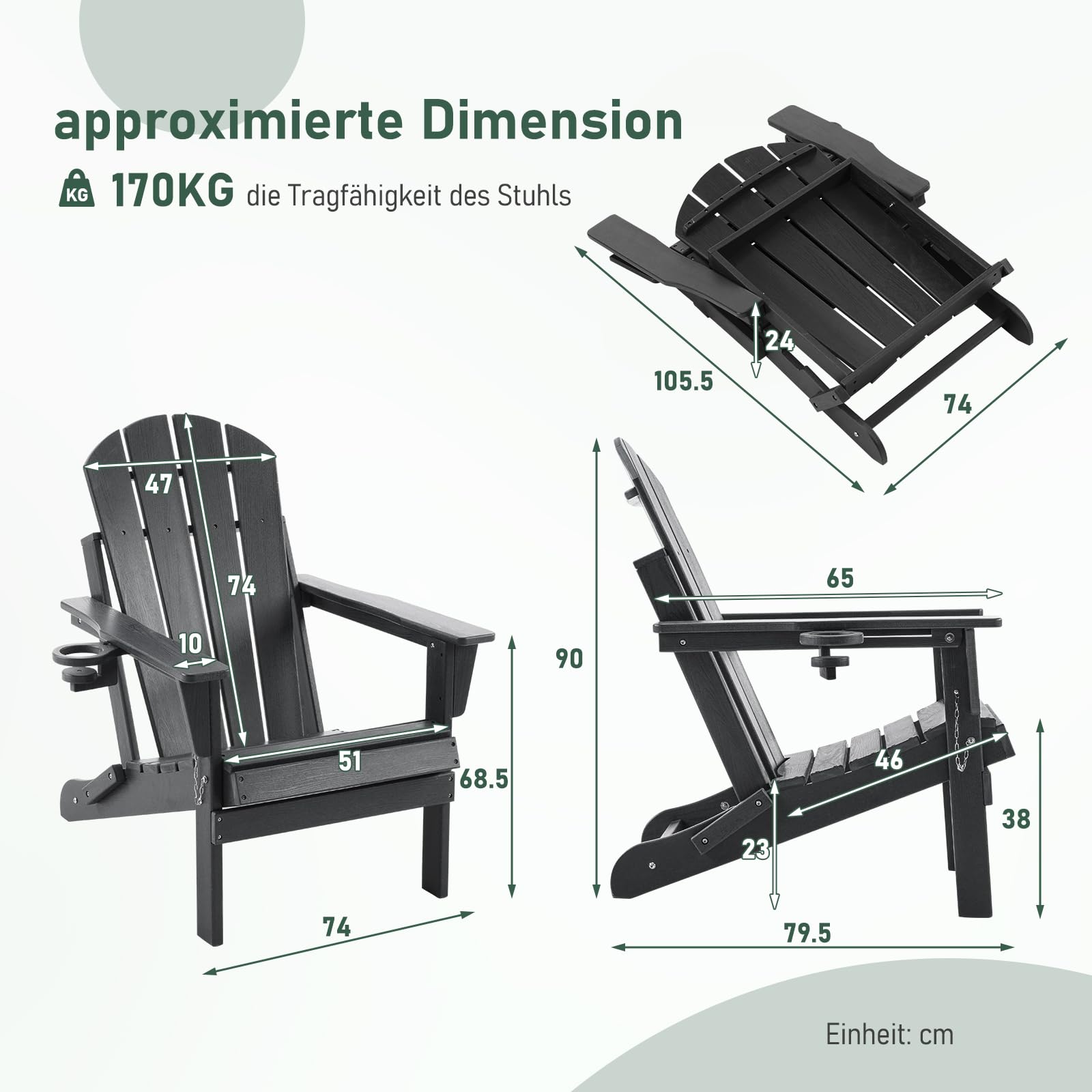 Adirondack Stuhl 2er Set Klappstuhl mit Getränkehalter, Wetterfest Gartenstuhl Patio Stühle, Gartensessel aus Kunststoff für Garten, Terrasse und Balkon, Schwarz 2pcs
