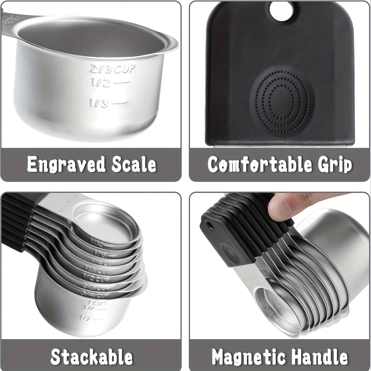 Magnetic Measuring Cups,Stainless Steel Kitchen Aid Cups Measuring set for Liquid & Dry Ingredient,Easy to Read Dishwasher Safe 5 Pcs Black